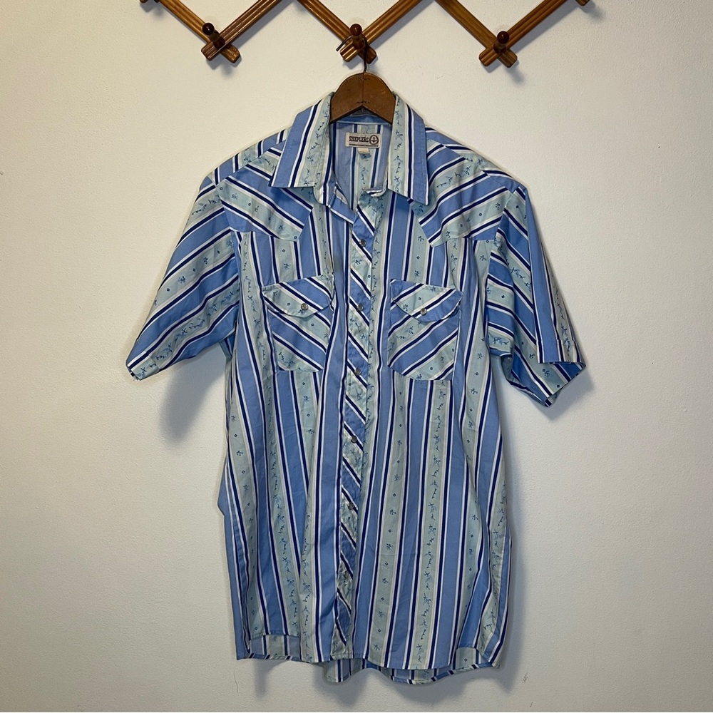 Vintage Sheplers Short-Sleeve Striped Snap Button-Down Western Rodeo Shirt -Blue